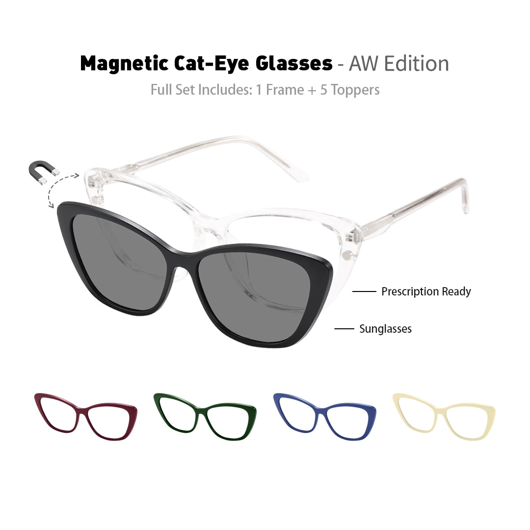 Aurelia Cat Eye Magnetic Prescription Glasses with 5 Toppers