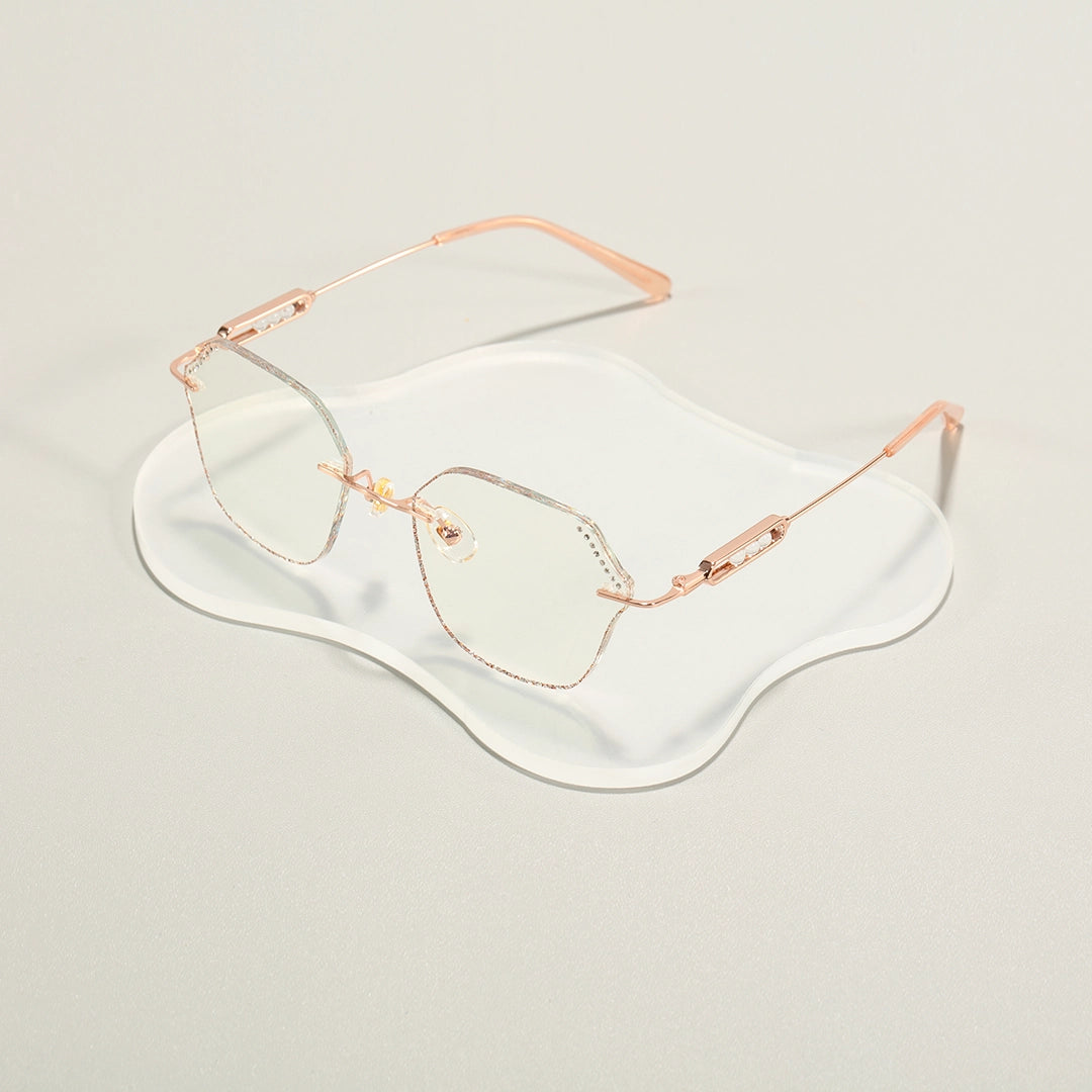 Blush Geometric Faceted Rimless Eyeglasses With Pink Glitter Inlay