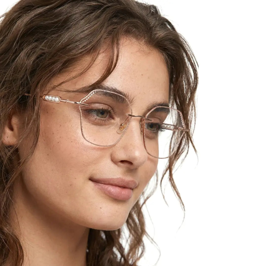 Blush Geometric Faceted Rimless Eyeglasses With Pink Glitter Inlay