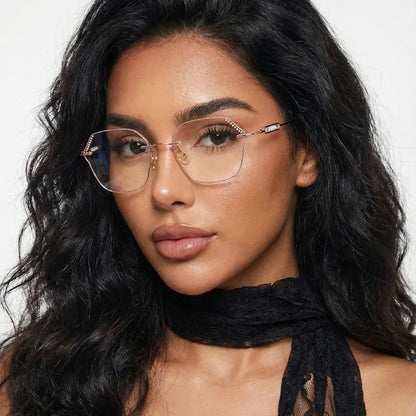 Blush Geometric Faceted Rimless Eyeglasses With Pink Glitter Inlay