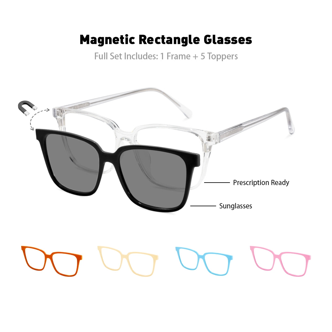 Elowen Rectangle Magnetic Prescription Glasses with 5 Toppers