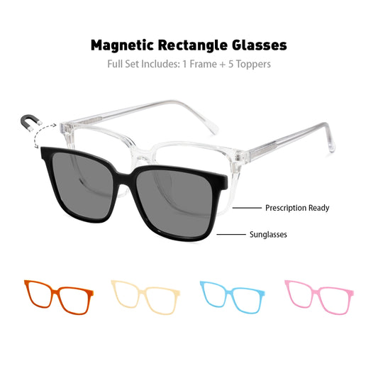 Elowen Rectangle Magnetic Prescription Glasses with 5 Toppers