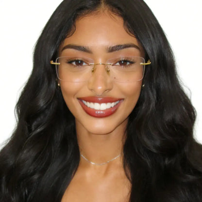 Doria Ngold Color Metal Rectangle Rimless Glasses With Rosewood Temple Accents
