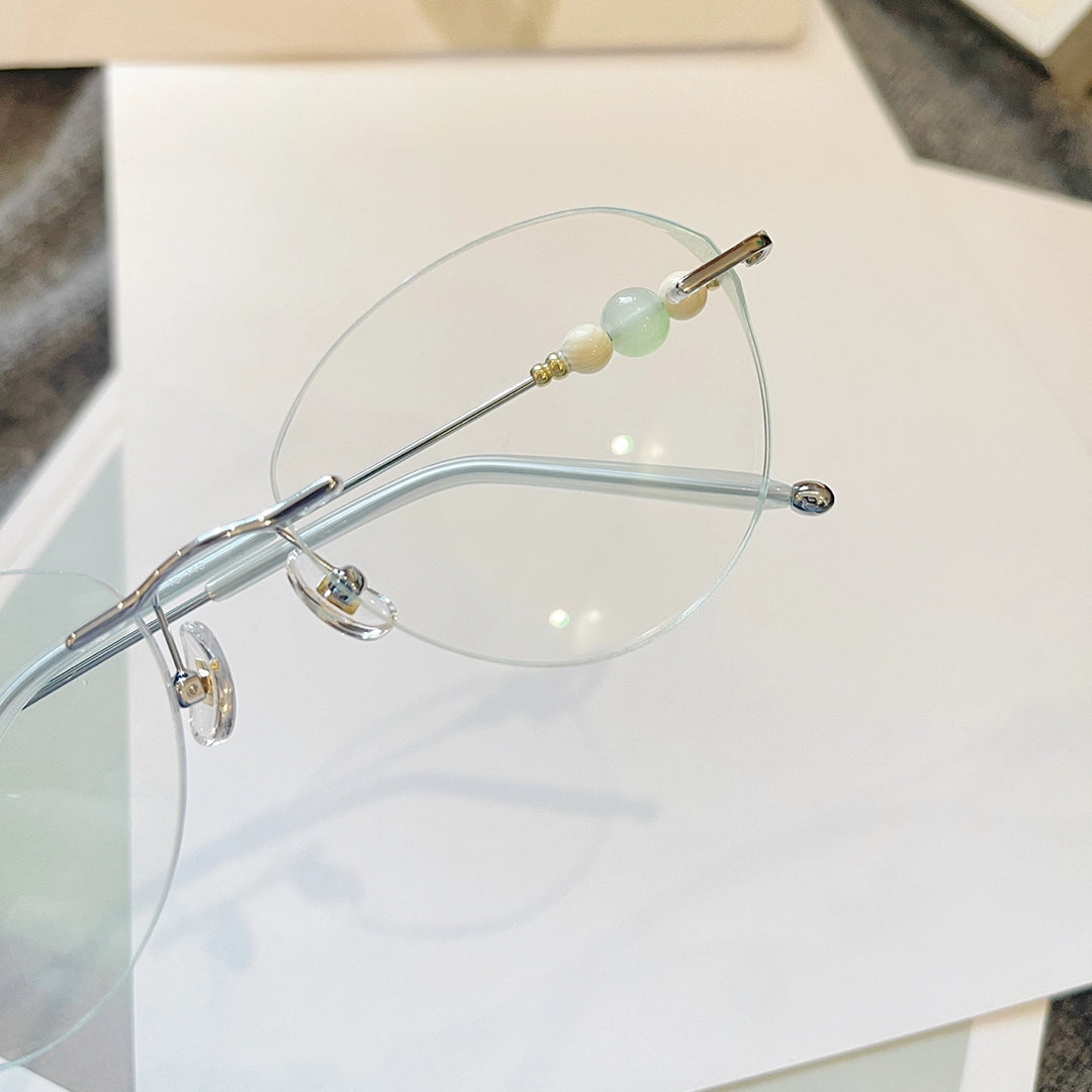 Catty Cat Eye Rimless Prescription Glasses For Women With Pearl Temple Accents