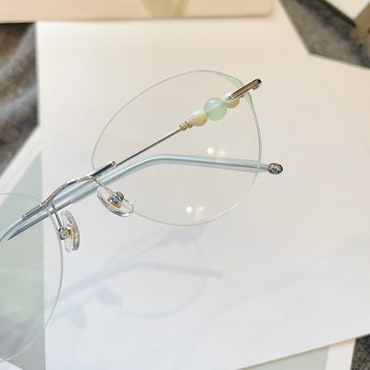 Catty Cat Eye Rimless Prescription Glasses For Women With Pearl Temple Accents