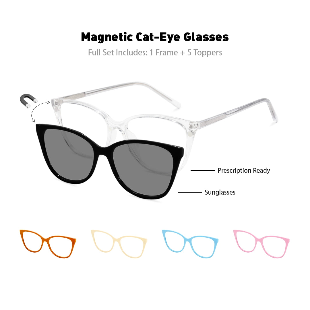 Marisol Cat Eye Magnetic Prescription Glasses with 5 Toppers
