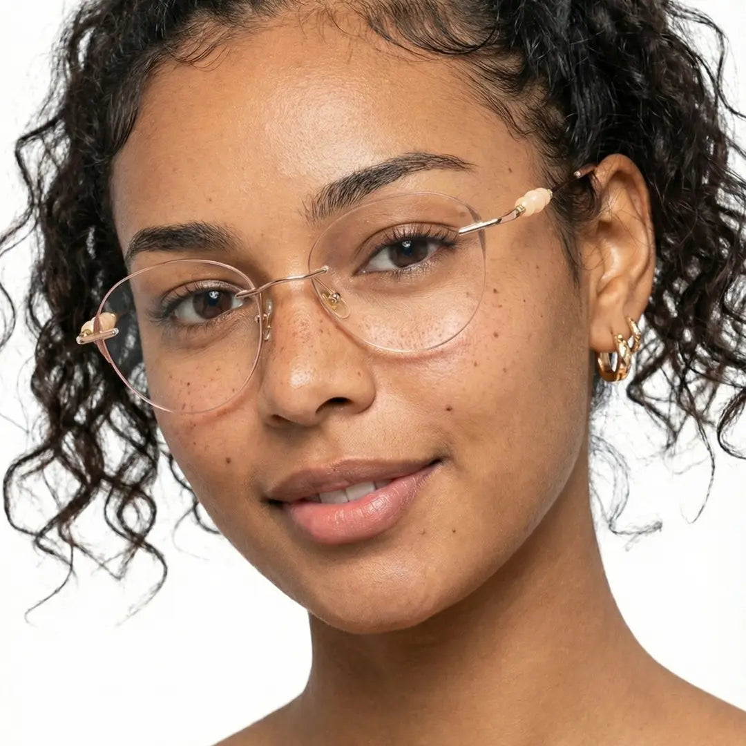 Catty Cat Eye Rimless Prescription Glasses For Women With Pearl Temple Accents