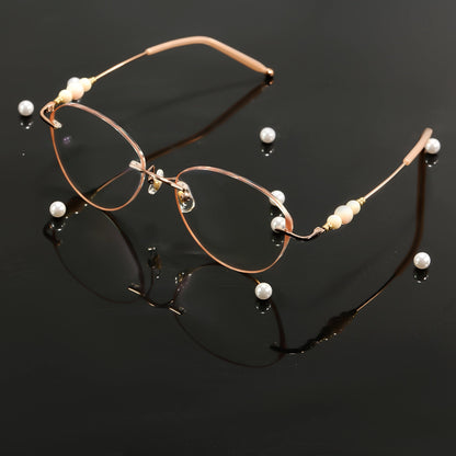 Catty Cat Eye Rimless Prescription Glasses For Women With Pearl Temple Accents