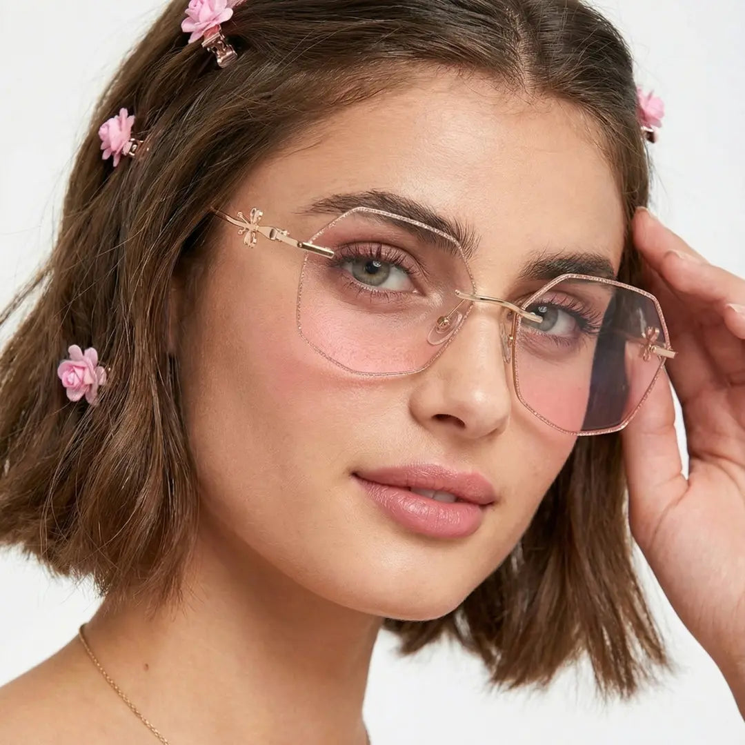 Blaine Geometric Rimless Glasses With Pink Gradient Glitter And Crystal Edges